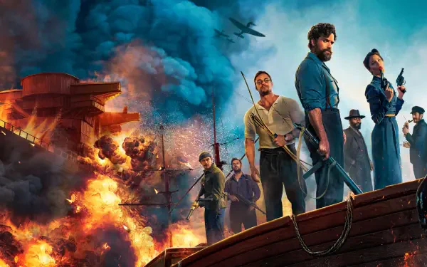 4K Ultra HD desktop wallpaper featuring dramatic characters from The Ministry of Ungentlemanly Warfare with fiery explosions and planes in the background.