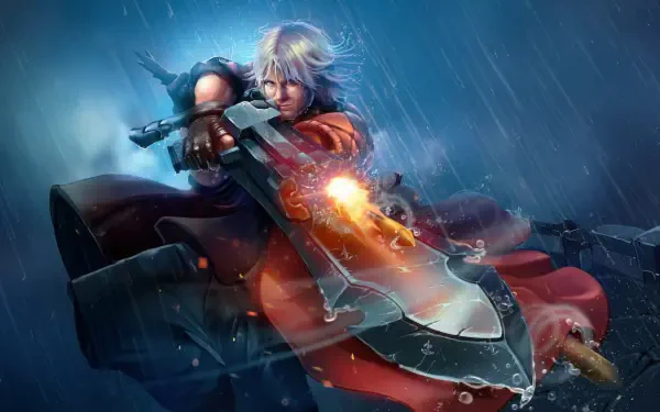 Devil May Cry character with white hair wields a large sword in dynamic action pose, set against a stormy, rain-soaked backdrop in 4K Ultra HD PC desktop wallpaper.