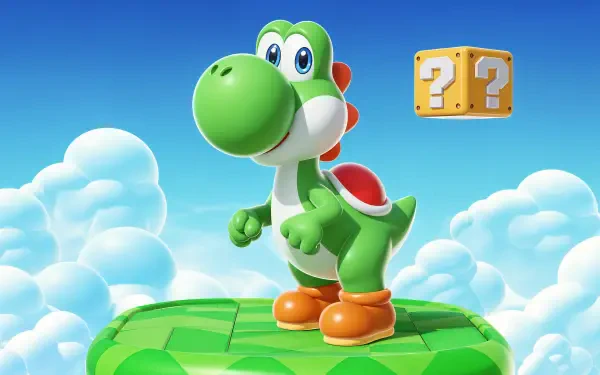 4K Ultra HD PC desktop wallpaper/background: Yoshi stands on a green platform above fluffy clouds with a floating ? block against a bright blue sky.