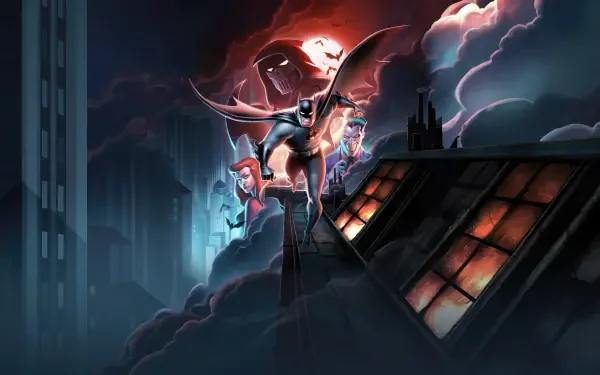 Batman: Caped Crusader 4K Ultra HD PC desktop wallpaper shows Batman perched on a rooftop at night, cape spread, moonlit city skyline and dramatic clouds behind him.