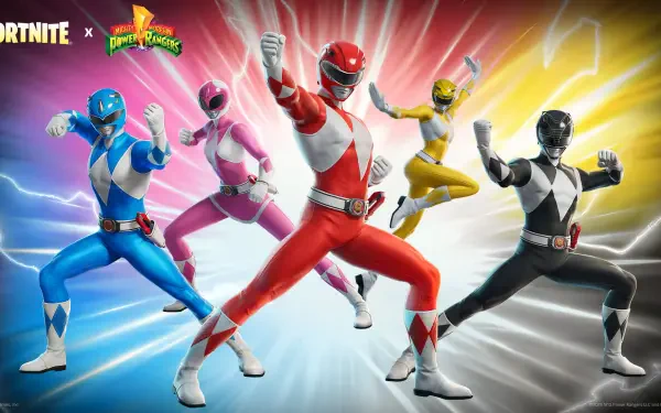 HD PC desktop wallpaper of the video game Fortnite x Mighty Morphin Power Rangers: Red, Pink, Blue, Yellow and Black Rangers posed before a radiant energy burst.