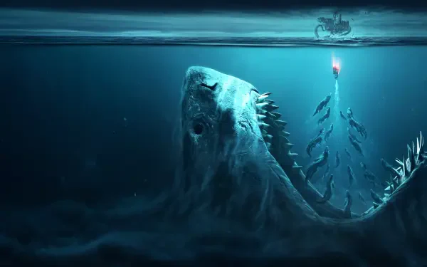 Meg 2: The Trench 4K Ultra HD PC desktop wallpaper: colossal megalodon rising from a dark trench toward a lone bait light and tiny boat on the surface.