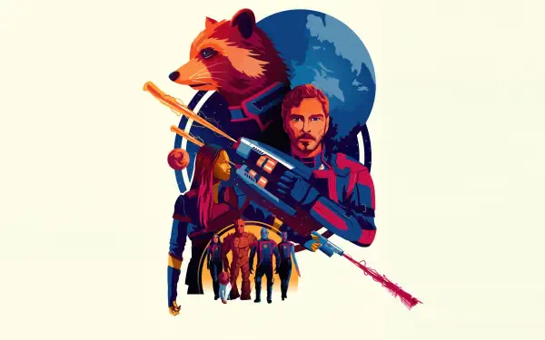 Stylized poster of Star-Lord and Rocket with other Guardians silhouetted against a blue planet — Guardians of the Galaxy Vol. 3, 4K Ultra HD PC desktop wallpaper and background.