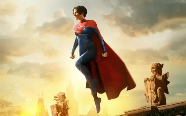 The Flash (2023) 4K Ultra HD PC desktop wallpaper: Superman hovering in a red cape above a golden, sunlit city skyline.