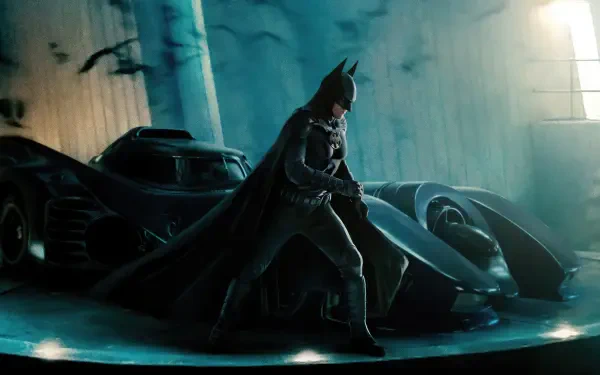 Batman beside the Batmobile in a shadowy blue-lit garage, cinematic stance — The Flash (2023) 4K Ultra HD PC desktop wallpaper/background.