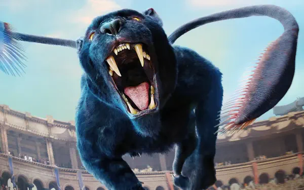 Dungeons & Dragons: Honor Among Thieves 8K Ultra HD PC desktop wallpaper — roaring winged panther lunges toward the viewer in a sunlit coliseum.