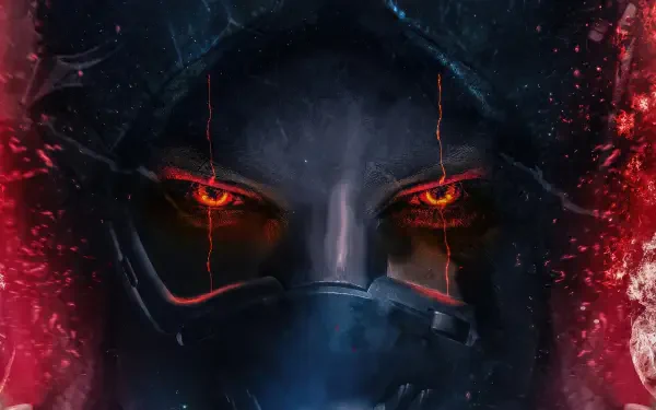 Rey (Star Wars) close-up in a dark hood and mask, glowing red eyes and embers — cinematic 4K Ultra HD PC desktop wallpaper background