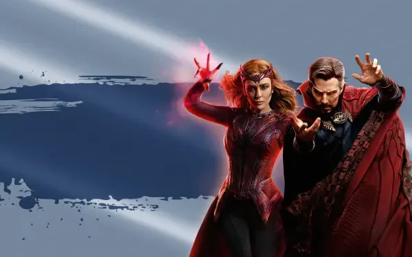4K Ultra HD PC desktop wallpaper of Doctor Strange and Scarlet Witch from Doctor Strange in the Multiverse of Madness, casting spells against a dark painterly background.