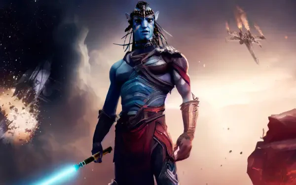 Avatar-themed blue-skinned warrior with glowing sword against a fiery sky, 4K Ultra HD PC desktop wallpaper/background.