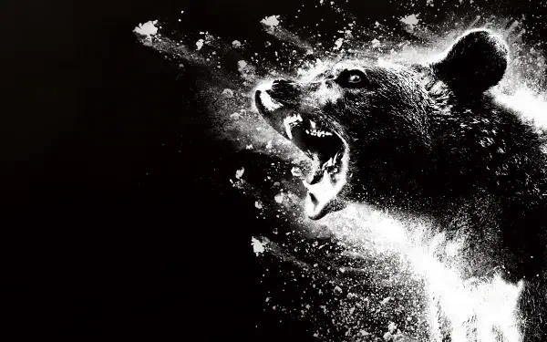 High-contrast black-and-white Cocaine Bear roaring amid powdery splatter, intense dynamic 4K Ultra HD PC desktop wallpaper/background.