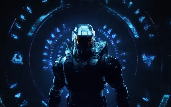 Halo 4K Ultra HD PC desktop wallpaper: an armored Spartan stands silhouetted before a glowing blue Forerunner ring, surrounded by floating holographic symbols.