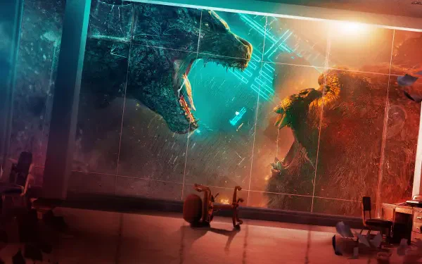 Godzilla vs Kong clash in a dramatic 8K Ultra HD PC desktop wallpaper background: Godzilla roars across neon seas as Kong lunges amid shattered glass and city lights.