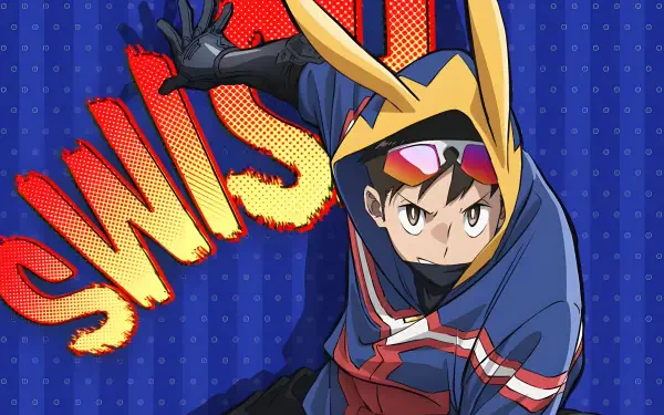 My Hero Academia: Vigilantes 4K Ultra HD PC wallpaper — hero in rabbit-eared hood lunging over a blue comic-dot background with bold SWISH text.