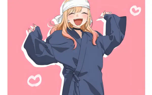 Marin Kitagawa from My Dress-Up Darling, laughing in an oversized dark robe against a pink background with white heart doodles, 4K Ultra HD PC desktop wallpaper