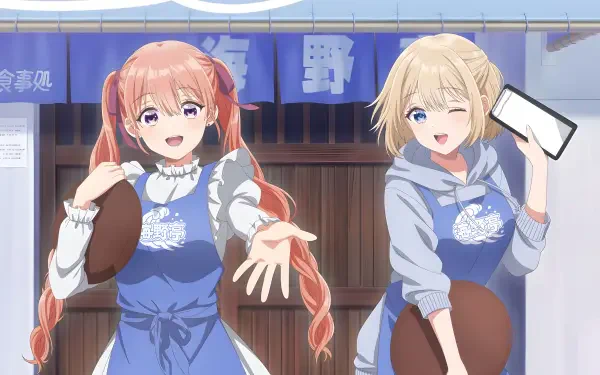 4K Ultra HD PC wallpaper of Sachi Umino and Erika Amano from A Couple of Cuckoos in aprons at a festival stall — Sachi reaching out smiling, Erika winking and holding a phone.