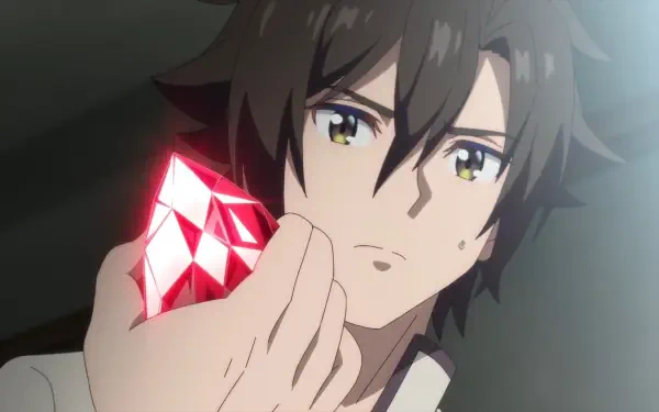 HD PC desktop wallpaper/background: anime character from Tsuyokute New Saga holds a glowing red crystal to his face in a moody close-up.