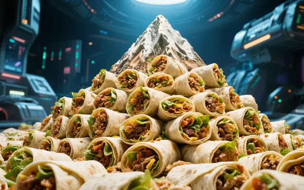 4K Ultra HD PC desktop wallpaper: food — a towering pyramid of burritos crowned like a snowy peak, set in a neon sci‑fi kitchen, close-up view of wraps and fillings.