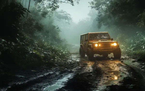 4K Ultra HD desktop wallpaper: yellow OHV with headlights splashing through a rain-soaked jungle off-road trail, muddy ruts and misty canopy.