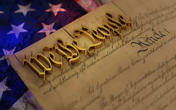 HD PC desktop wallpaper: close-up of the United States Constitution parchment with gilded We the People over a blurred American flag — American 4th of July background.