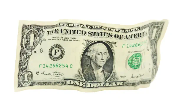 HD desktop wallpaper of a slightly wrinkled one-dollar US banknote on a white background — money-themed paper currency/banknote image (dollar, banknote, money, paper, currency).