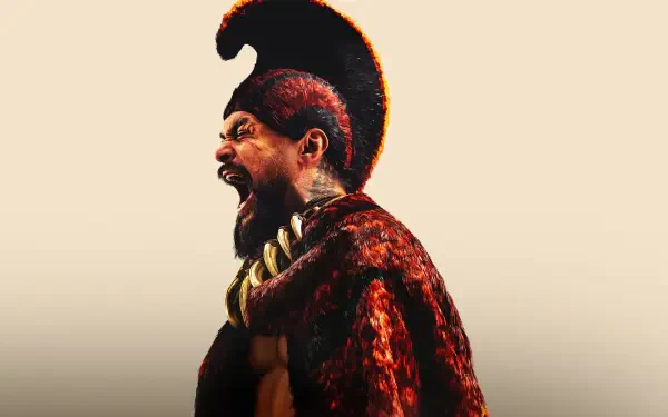 Roaring Chief of War in ornate fur cloak and horned crest, bold mohawk and battle paint, dramatic side profile on pale backdrop — HD PC desktop wallpaper background