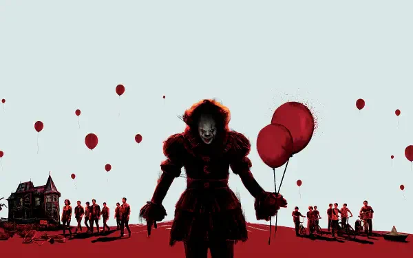 It Chapter Two 4K Ultra HD PC desktop wallpaper: Pennywise looming in shadow, clutching red balloons, figures and a house on a blood-red landscape beneath a pale sky.