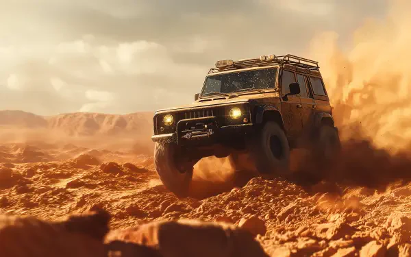 4K Ultra HD PC desktop wallpaper and background: rugged OHV offroad vehicle tearing through desert dust and rocks at golden hour.