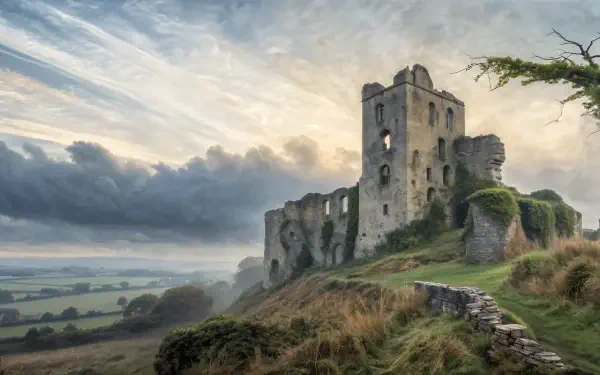 Ruined castle atop a misty hillside at dawn, dramatic clouds over rolling fields — 4K Ultra HD PC desktop wallpaper and background.