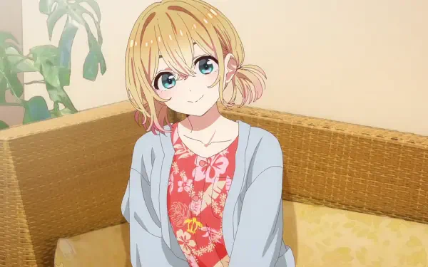 Anime HD PC desktop wallpaper: Mami Nanami (Rent-A-Girlfriend) smiling on a wicker sofa, wearing a floral dress and light cardigan, soft indoor lighting and a potted plant behind her.