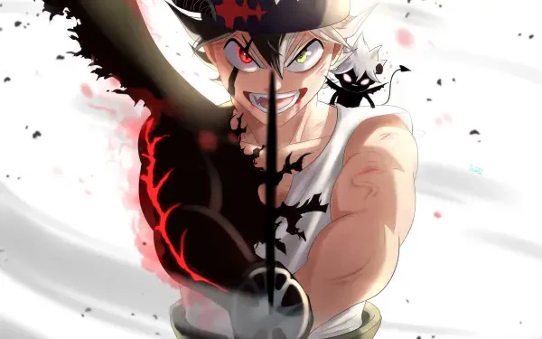 Black Clover 4K Ultra HD PC desktop wallpaper/background — Asta in half-demon form, grinning with one eye glowing, brandishing a dark sword as red and black energy splits the white background.