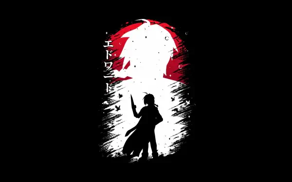 Fullmetal Alchemist: Brotherhood 4K Ultra HD PC wallpaper depicting a silhouetted alchemist before a red moon framed by a white brushstroke arch on a black background.