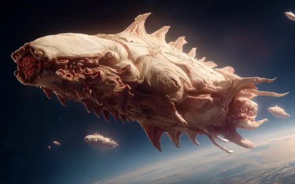 4K Ultra HD PC desktop wallpaper background: sci-fi organic spaceship resembling a colossal alien leviathan hovering above a blue planet, flanked by smaller vessels and dramatic backlighting.