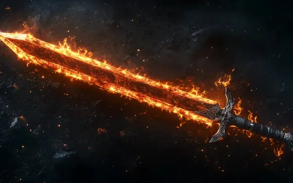 4K Ultra HD fantasy PC desktop wallpaper of a blazing flaming sword streaking through a starry void, embers trailing from its fiery blade.