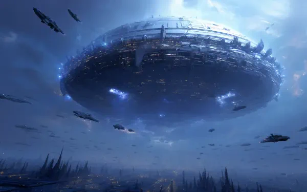 Sci Fi 4K Ultra HD PC desktop wallpaper/background: massive hovering capital ship above a neon city, escorted by smaller spaceships under stormy blue skies.