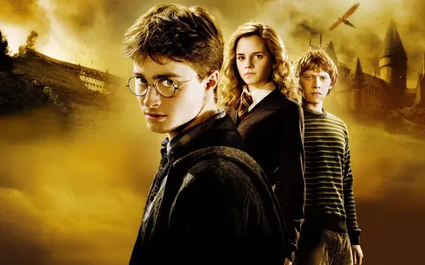 4K Ultra HD PC desktop wallpaper: Harry Potter and the Half-Blood Prince poster featuring Harry, Hermione and Ron against a golden sky with Hogwarts silhouetted in the background.