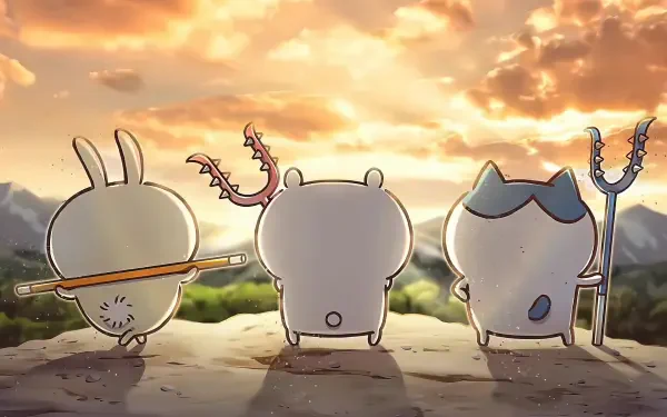 Chiikawa HD PC desktop wallpaper and background: three chibi Chiikawa characters stand on a cliff, backs to viewer, holding simple tools as they gaze at a golden mountain sunset.