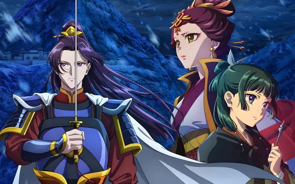 4K Ultra HD anime wallpaper of Jinshi, Shisui, and Maomao from The Apothecary Diaries, posed in ornate period robes before a dramatic moonlit mountain background.