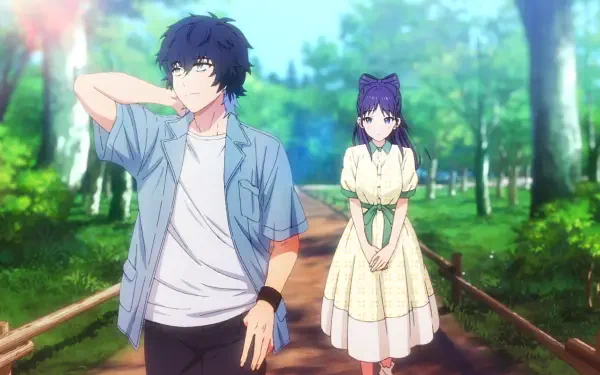 HD PC desktop wallpaper background from the anime WITCH WATCH: Keigo Magami stretches on a sunlit forest path while Nemu Miyao stands demurely behind amid soft light and lush green trees.