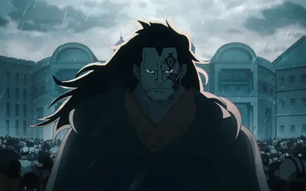Anime HD PC desktop wallpaper of One Piece's Monkey D. Dragon: imposing, scarred silhouette with windblown hair standing before a crowd and stormy cityscape.