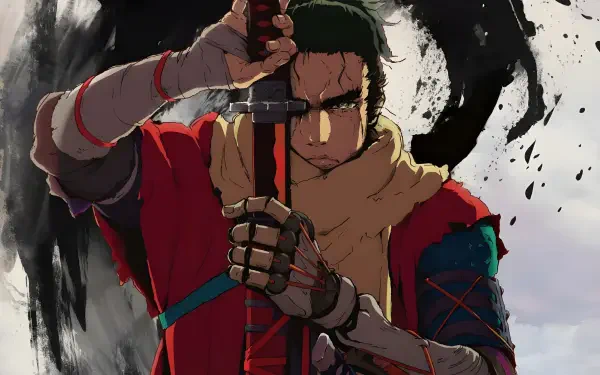HD PC desktop wallpaper: anime-style Ookami from Sekiro: No Defeat, scarfed warrior gripping a katana against a dramatic ink-splashed background.