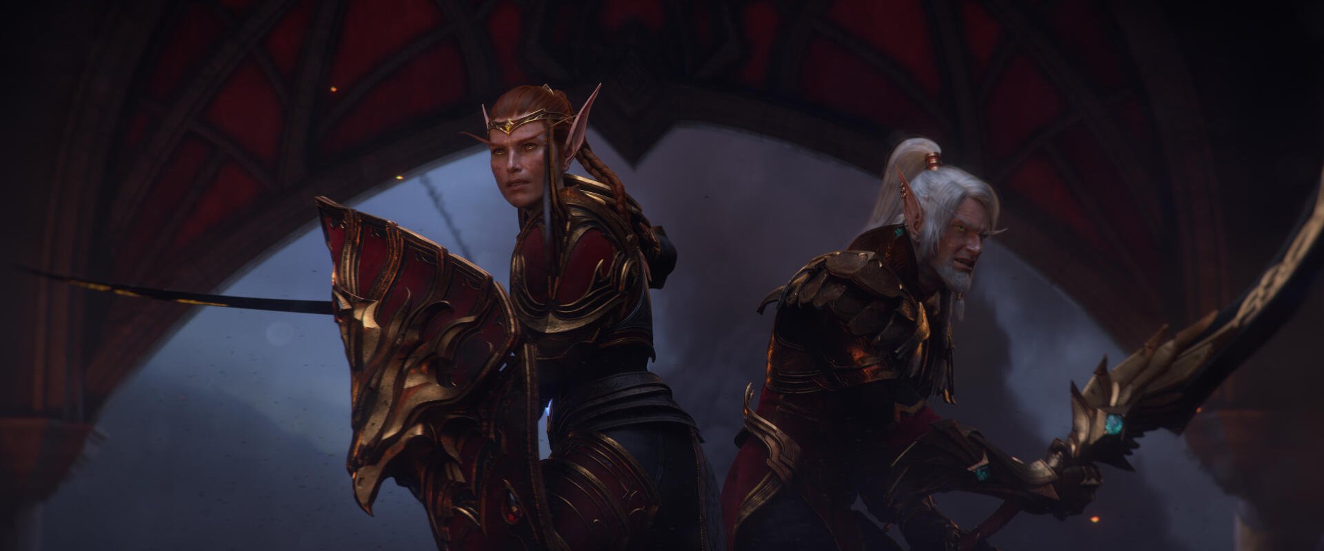 HD PC desktop wallpaper and background from the video game World of Warcraft: Midnight — RPG scene of two armored warriors back-to-back in a dark crimson hall.