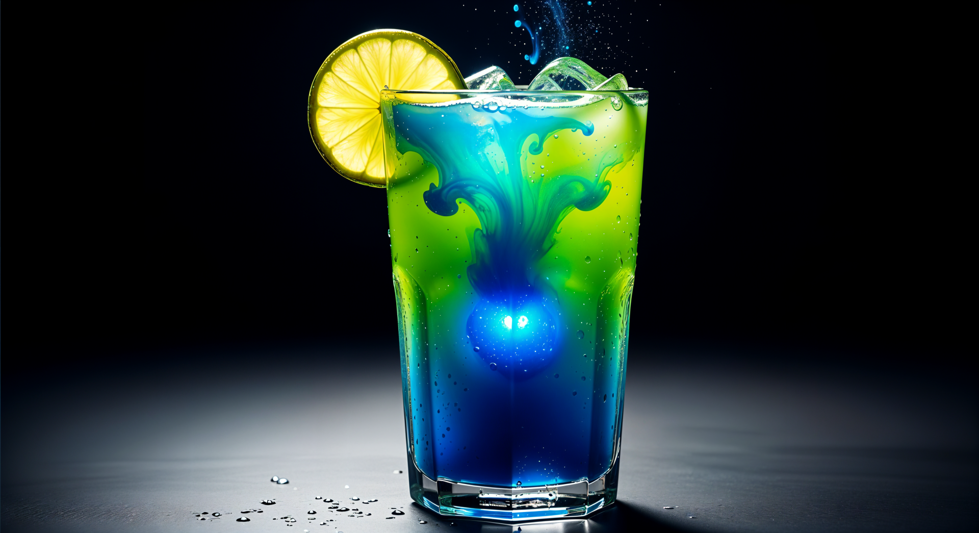 Vivid blue-green juice in a glass with ice and a lemon wedge, glowing core and scattered droplets on a dark reflective surface — 4K Ultra HD PC Desktop Wallpaper and Background