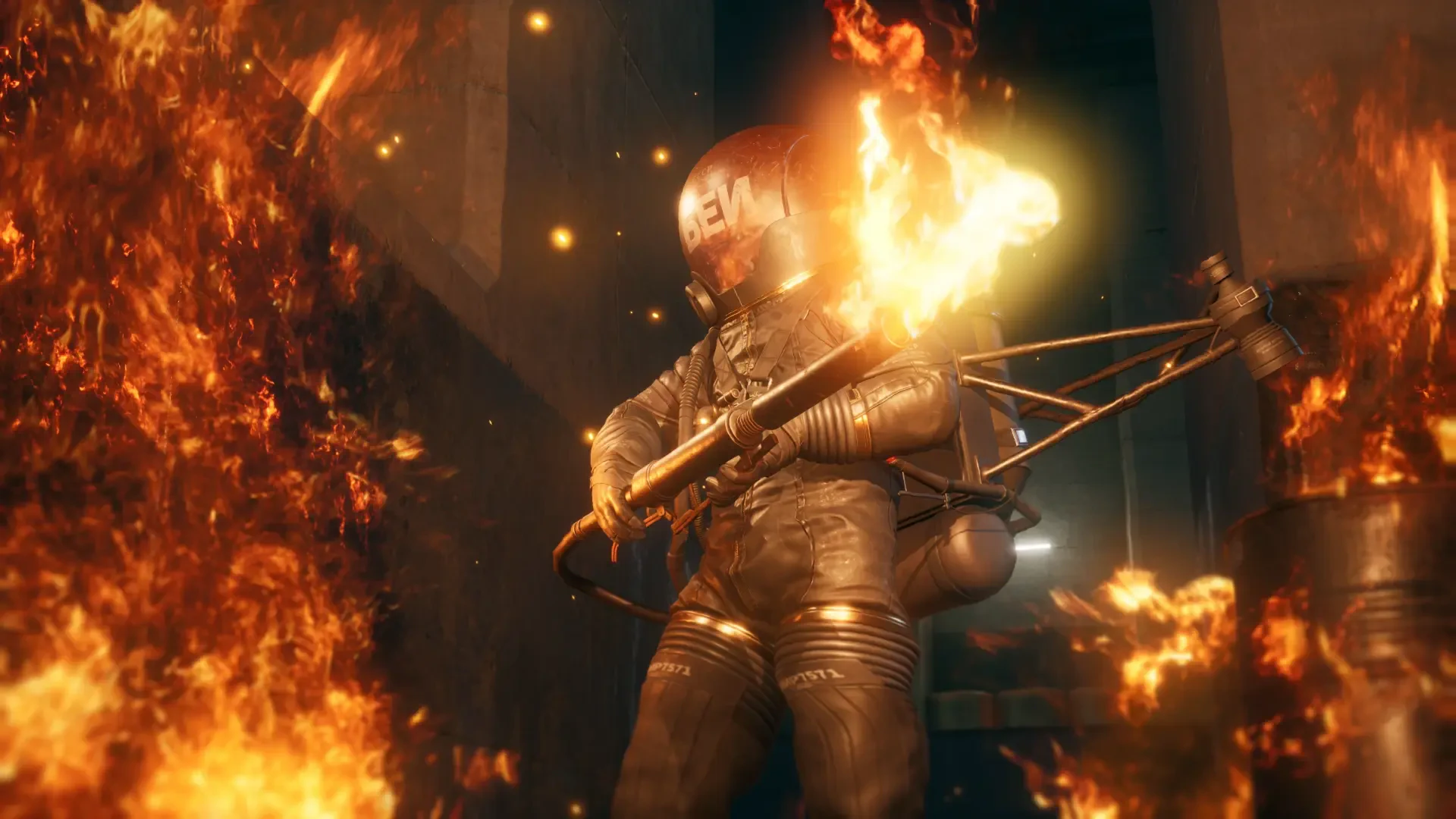 4K Ultra HD PC desktop wallpaper and background from the video game Metal Gear Solid Δ: Snake Eater — armored soldier firing a flamethrower through roaring flames.