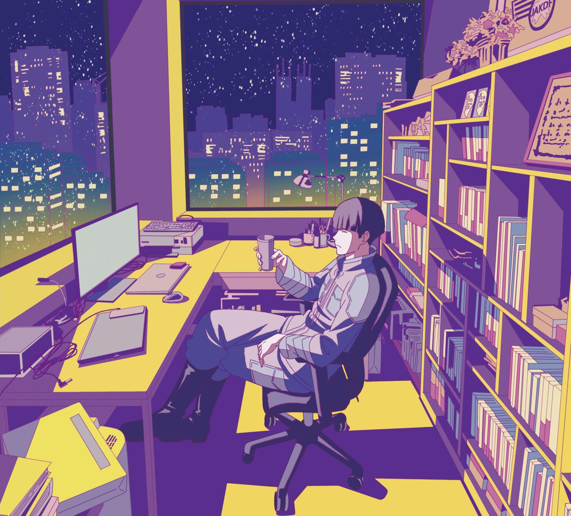 Anime HD PC wallpaper of Soushirou Hoshina (Kaiju No. 8) at a night city-view desk, sipping a mug amid monitors, bookshelves and a neon-lit skyline.