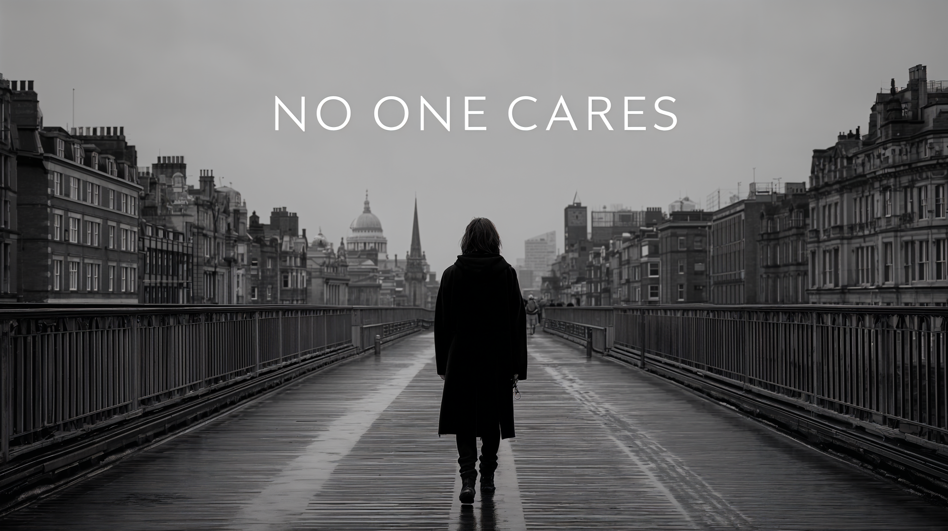 Monochrome 4K Ultra HD PC desktop wallpaper/background showing a lone figure walking away on a city bridge beneath bold NO ONE CARES text.