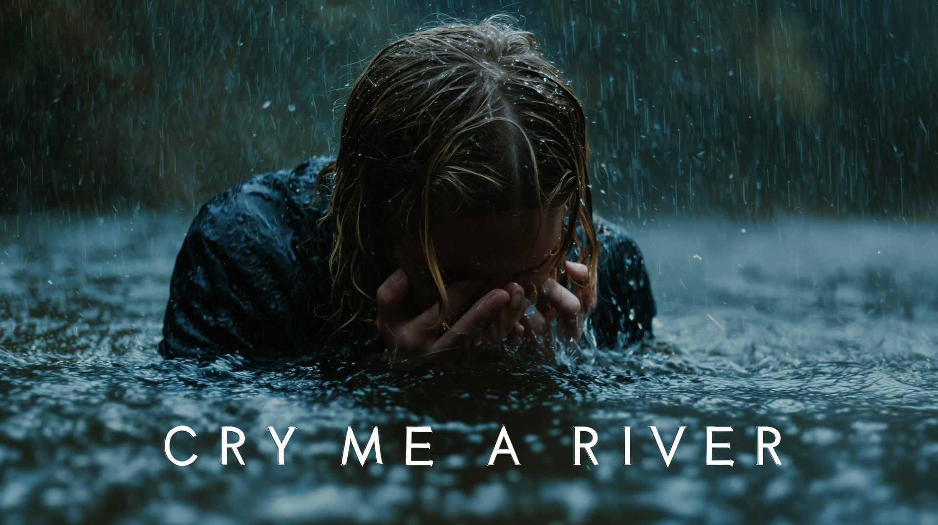 4K Ultra HD PC wallpaper: a person crouched in a downpour, hands covering their face in rippling water, with the bold caption CRY ME A RIVER.