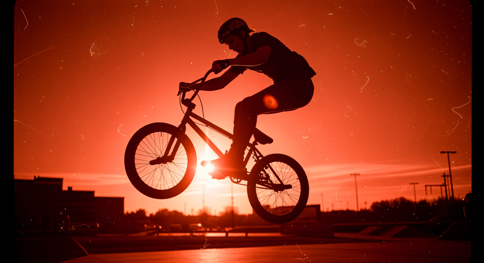 Silhouette of a BMX rider mid-air against a fiery sunset, 4K Ultra HD PC desktop wallpaper and background with dramatic orange sky.