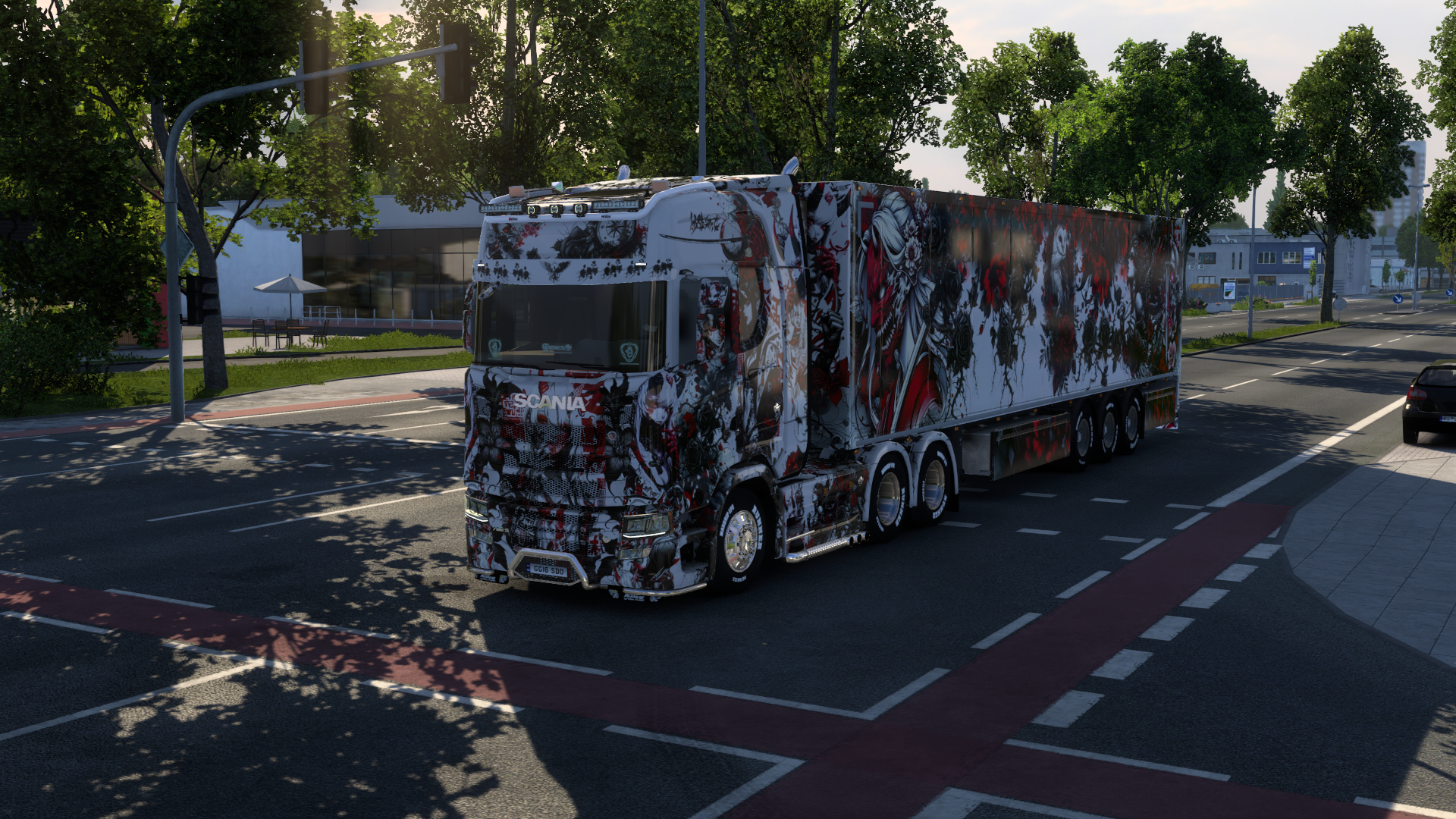 HD PC desktop wallpaper/background — Scania truck with graffiti livery at a truck stop in Euro Truck Simulator 2, Truck Racer theme.