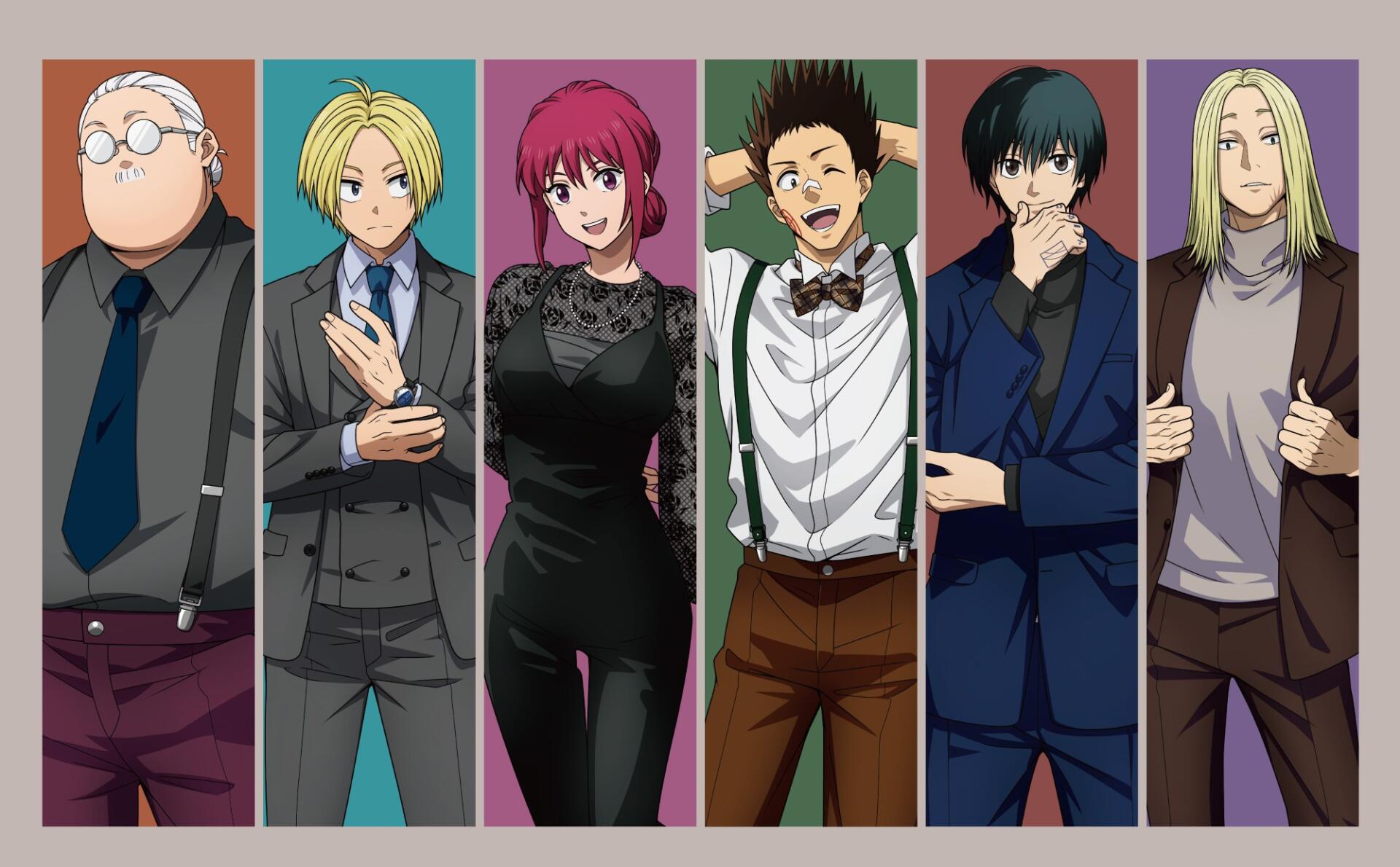 HD PC desktop wallpaper — anime group portrait from Sakamoto Days: six characters in colored vertical panels, dressed in suits and casual wear, posing with varied expressions.