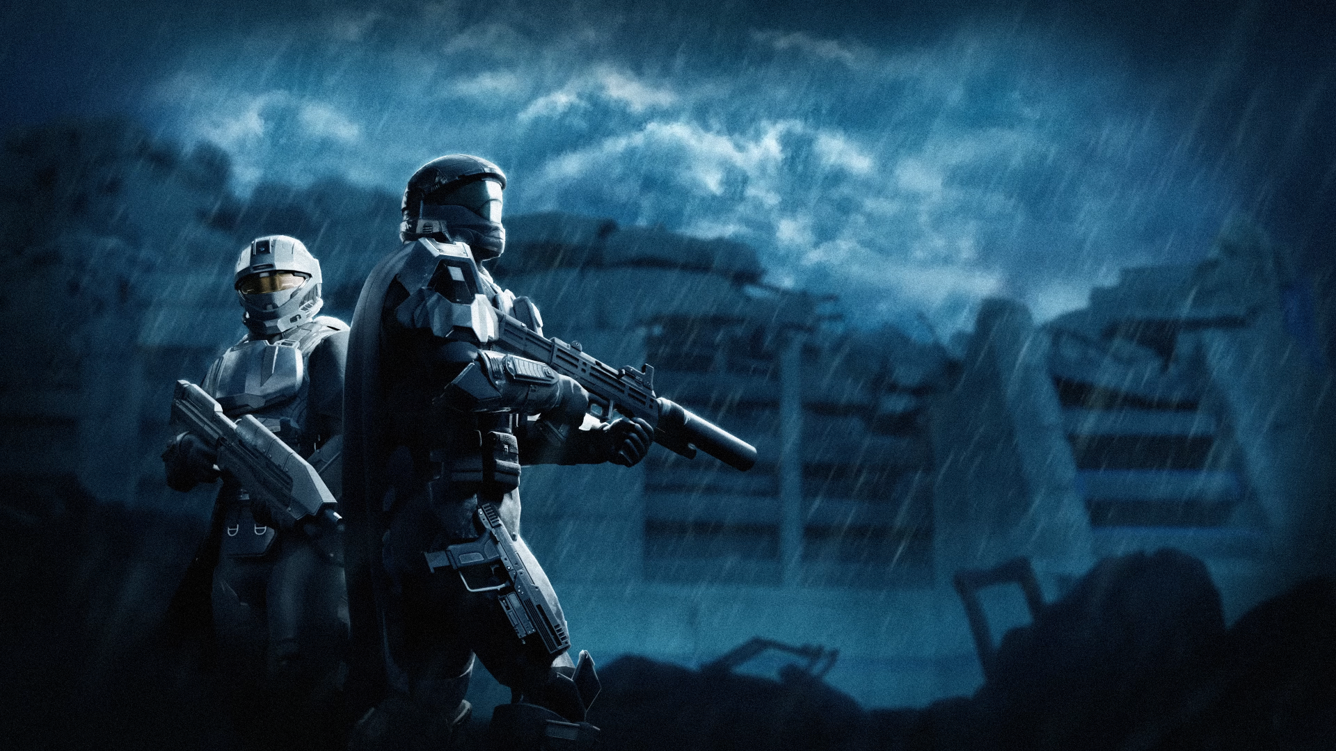 Video game Halo 3: ODST 4K Ultra HD PC wallpaper showing two ODST troopers armed in a stormy, ruined city under brooding clouds.